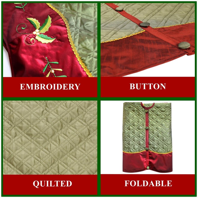 ONGLYP X.Sem Holly Leaf Embroidered Velvet Christmas Tree Skirt with Pleat Velvet Border 50'' (Green&red, 50 inch) - Image 5